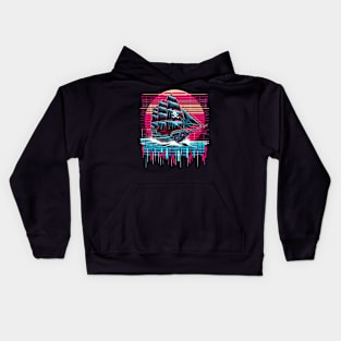 Synthwave Pirate Ship Retrowave Sunset Colorful Graphic Kids Hoodie